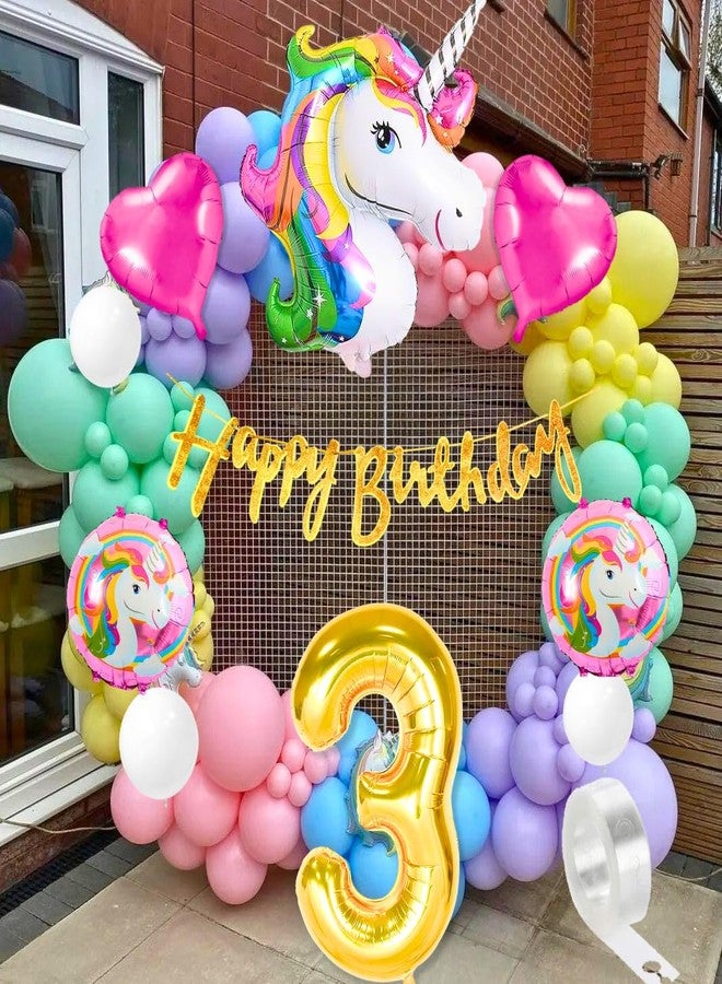 Flyloons Unicorn theme 3rd birthday decoration Kit for kids baby girl for 3 Year with Unicorn Foil Pink Heart Pink Purple Yellow Mint Orange Blue Pastel White Metallic Balloons Banner,70 pcs - Image 1